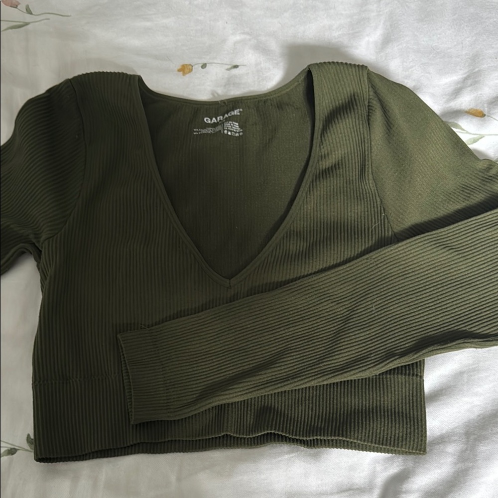 Garage Olive Green Ribbed V-Neck Top